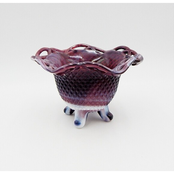 Imperial Diamond Lace Candy Dish Pattern Purple Slag Three Toed Glass Bowl - Picture 4 of 9